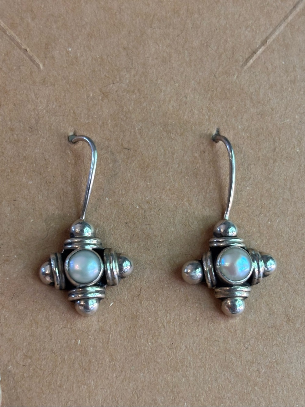 Vintage Sterling Silver Cultured Pearl Dangle Earrings Geometric Drop Boho